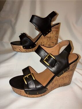 Mossimo Black Faux Leather Cork Platform Wedge Sandals Size 7 Studded Boho